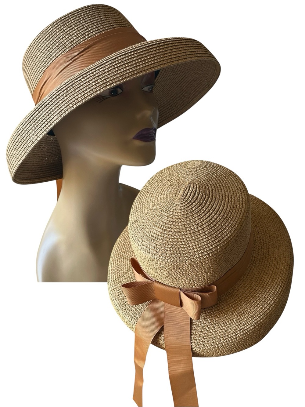 Classic Wide Brim Straw Fisherman Sun Hat with Sash & Bow Detail- Tan